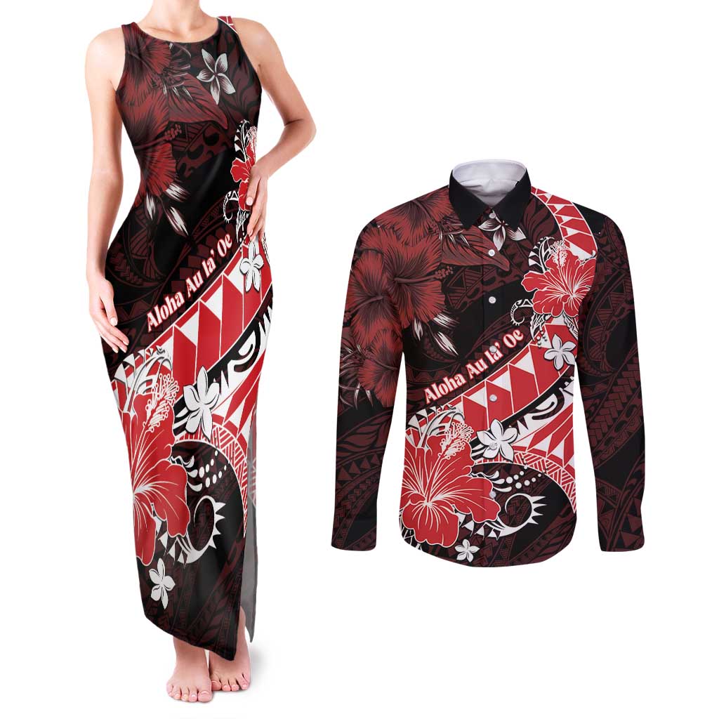 Personalised Hawaii Valentine Day Couples Matching Tank Maxi Dress and Long Sleeve Button Shirt Polynesian Hibiscus Art Style Red LT05 Red - Polynesian Pride