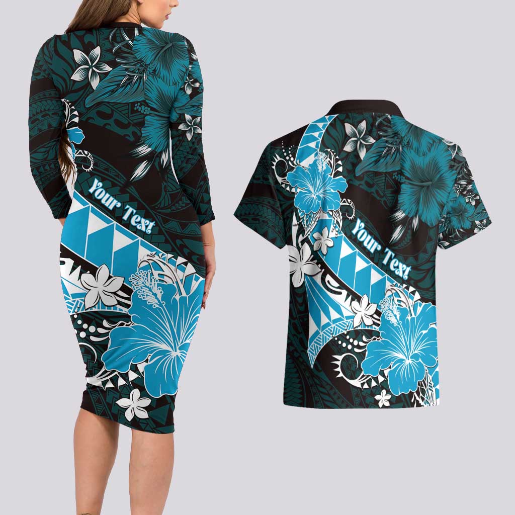 Personalised Hawaii Valentine Day Couples Matching Long Sleeve Bodycon Dress and Hawaiian Shirt Polynesian Hibiscus Art Style Turquoise