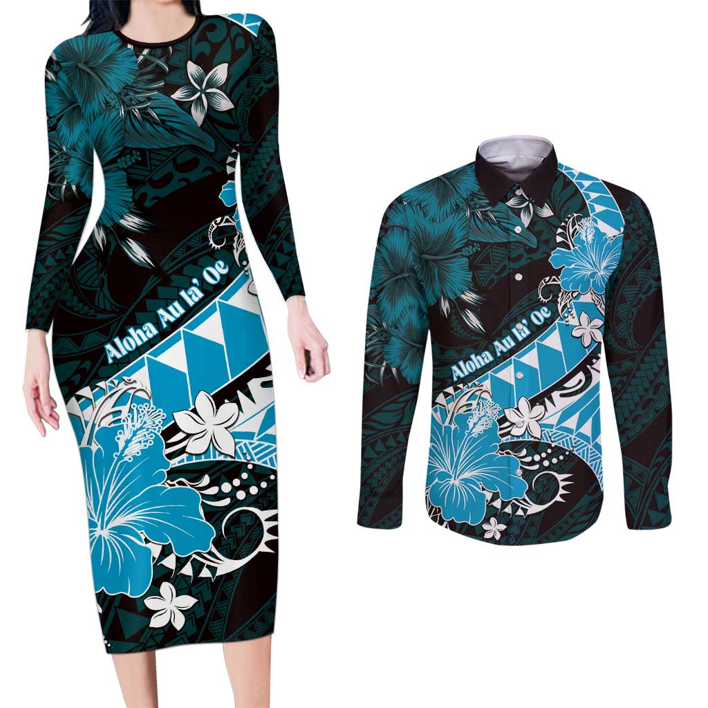 Personalised Hawaii Valentine Day Couples Matching Long Sleeve Bodycon Dress and Long Sleeve Button Shirt Polynesian Hibiscus Art Style Turquoise LT05 Turquoise - Polynesian Pride
