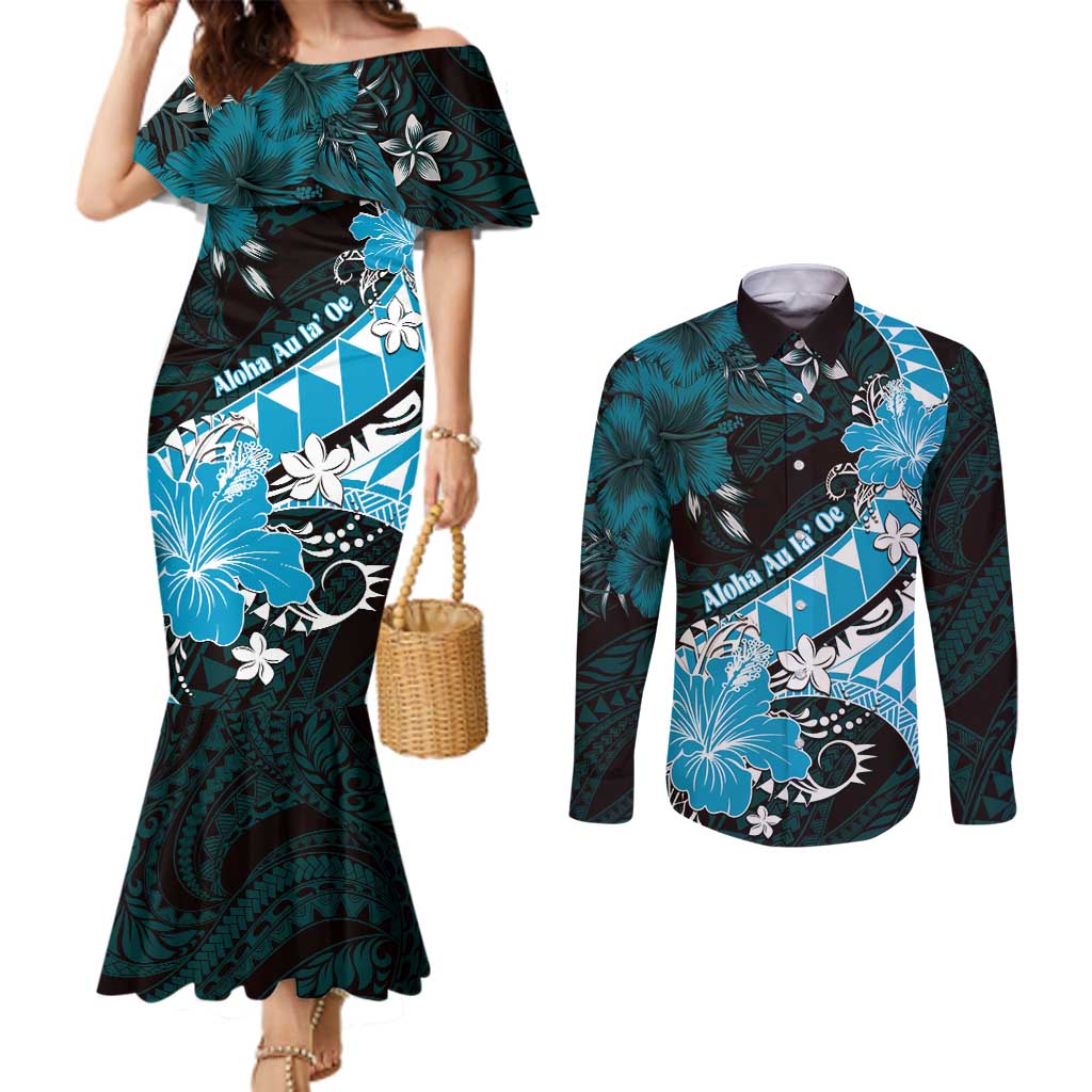 Personalised Hawaii Valentine Day Couples Matching Mermaid Dress and Long Sleeve Button Shirt Polynesian Hibiscus Art Style Turquoise LT05 Turquoise - Polynesian Pride