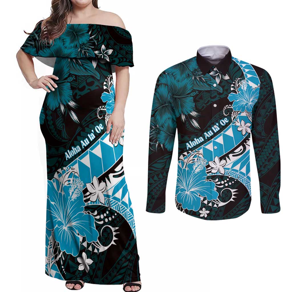 Personalised Hawaii Valentine Day Couples Matching Off Shoulder Maxi Dress and Long Sleeve Button Shirt Polynesian Hibiscus Art Style Turquoise LT05 Turquoise - Polynesian Pride