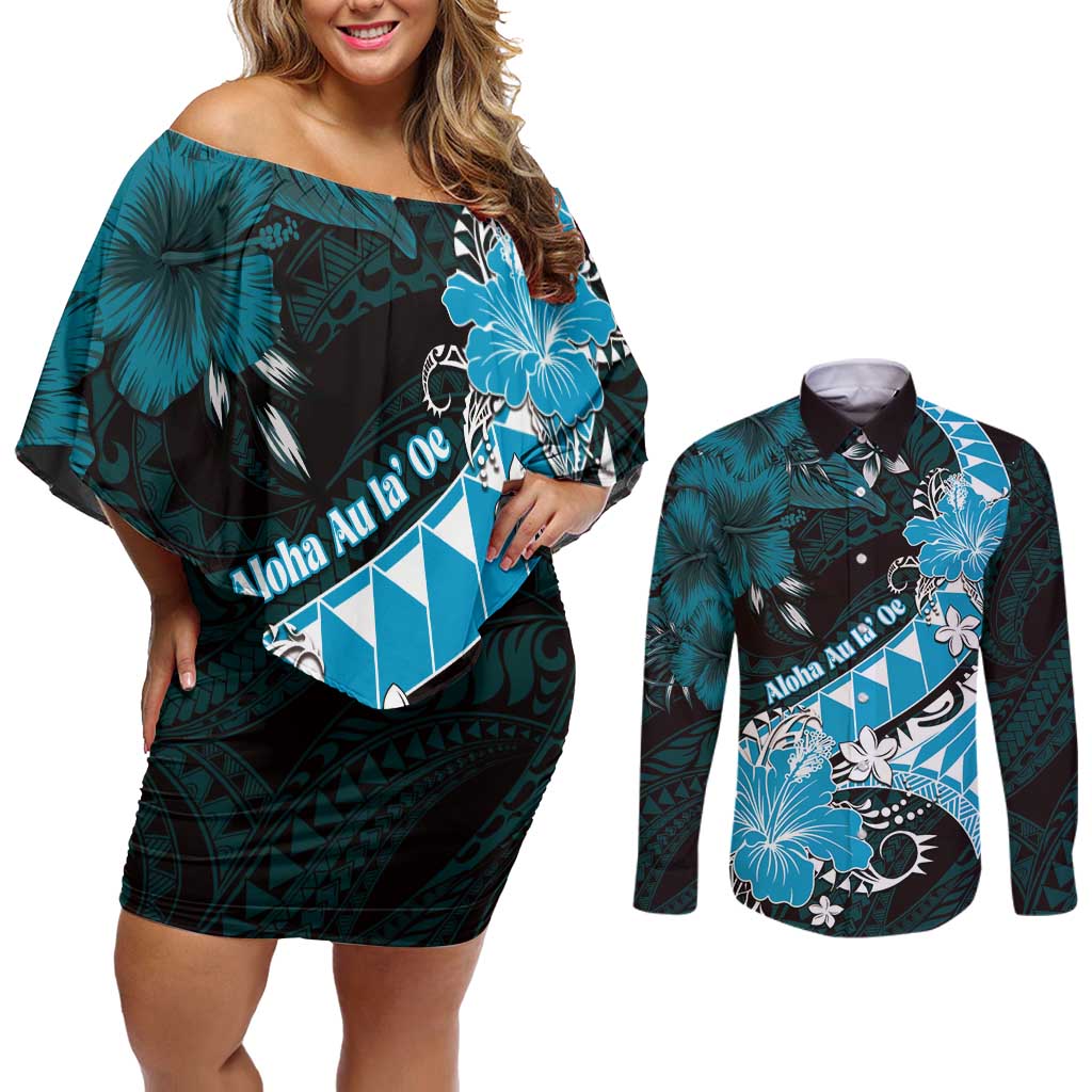Personalised Hawaii Valentine Day Couples Matching Off Shoulder Short Dress and Long Sleeve Button Shirt Polynesian Hibiscus Art Style Turquoise LT05 Turquoise - Polynesian Pride