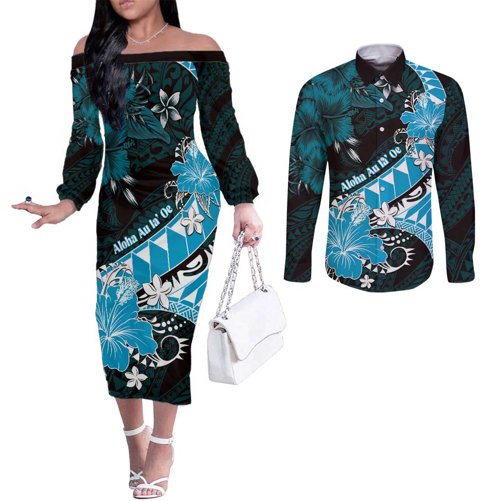 Personalised Hawaii Valentine Day Couples Matching Off The Shoulder Long Sleeve Dress and Long Sleeve Button Shirt Polynesian Hibiscus Art Style Turquoise LT05 Turquoise - Polynesian Pride