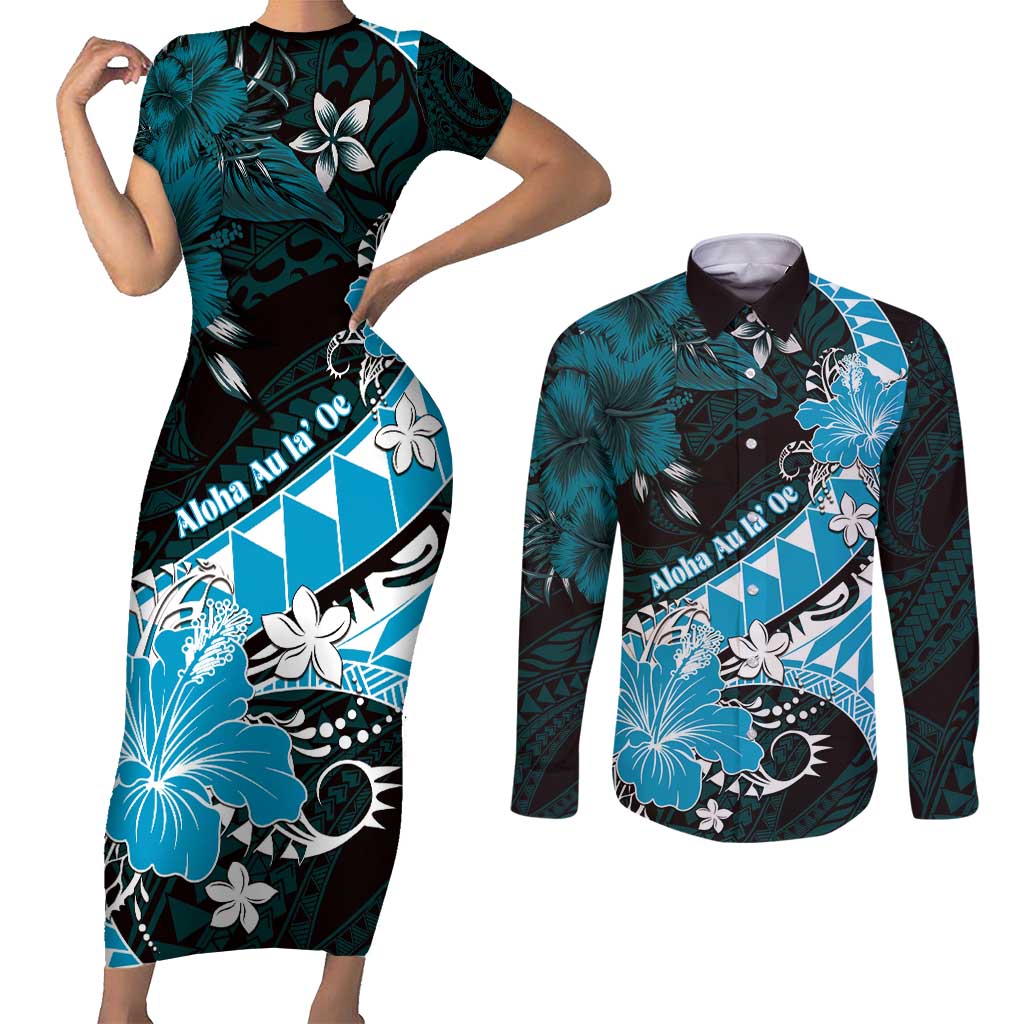 Personalised Hawaii Valentine Day Couples Matching Short Sleeve Bodycon Dress and Long Sleeve Button Shirt Polynesian Hibiscus Art Style Turquoise LT05 Turquoise - Polynesian Pride