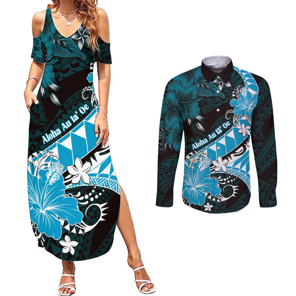 Personalised Hawaii Valentine Day Couples Matching Summer Maxi Dress and Long Sleeve Button Shirt Polynesian Hibiscus Art Style Turquoise LT05 Turquoise - Polynesian Pride