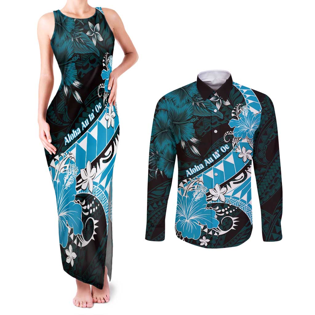 Personalised Hawaii Valentine Day Couples Matching Tank Maxi Dress and Long Sleeve Button Shirt Polynesian Hibiscus Art Style Turquoise LT05 Turquoise - Polynesian Pride