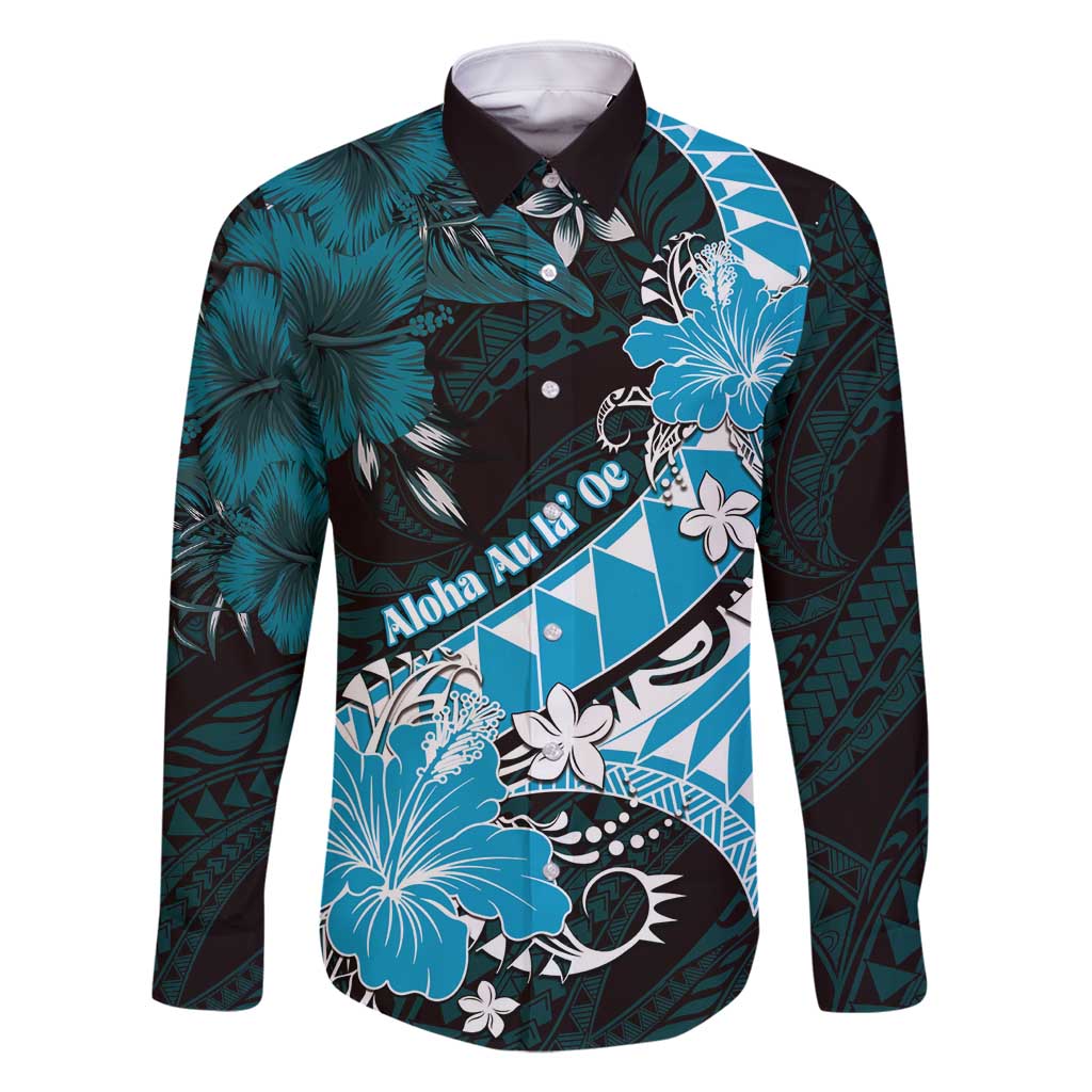 Personalised Hawaii Valentine Day Family Matching Off Shoulder Short Dress and Hawaiian Shirt Polynesian Hibiscus Art Style Turquoise LT05 Dad's Shirt - Long Sleeve Turquoise - Polynesian Pride