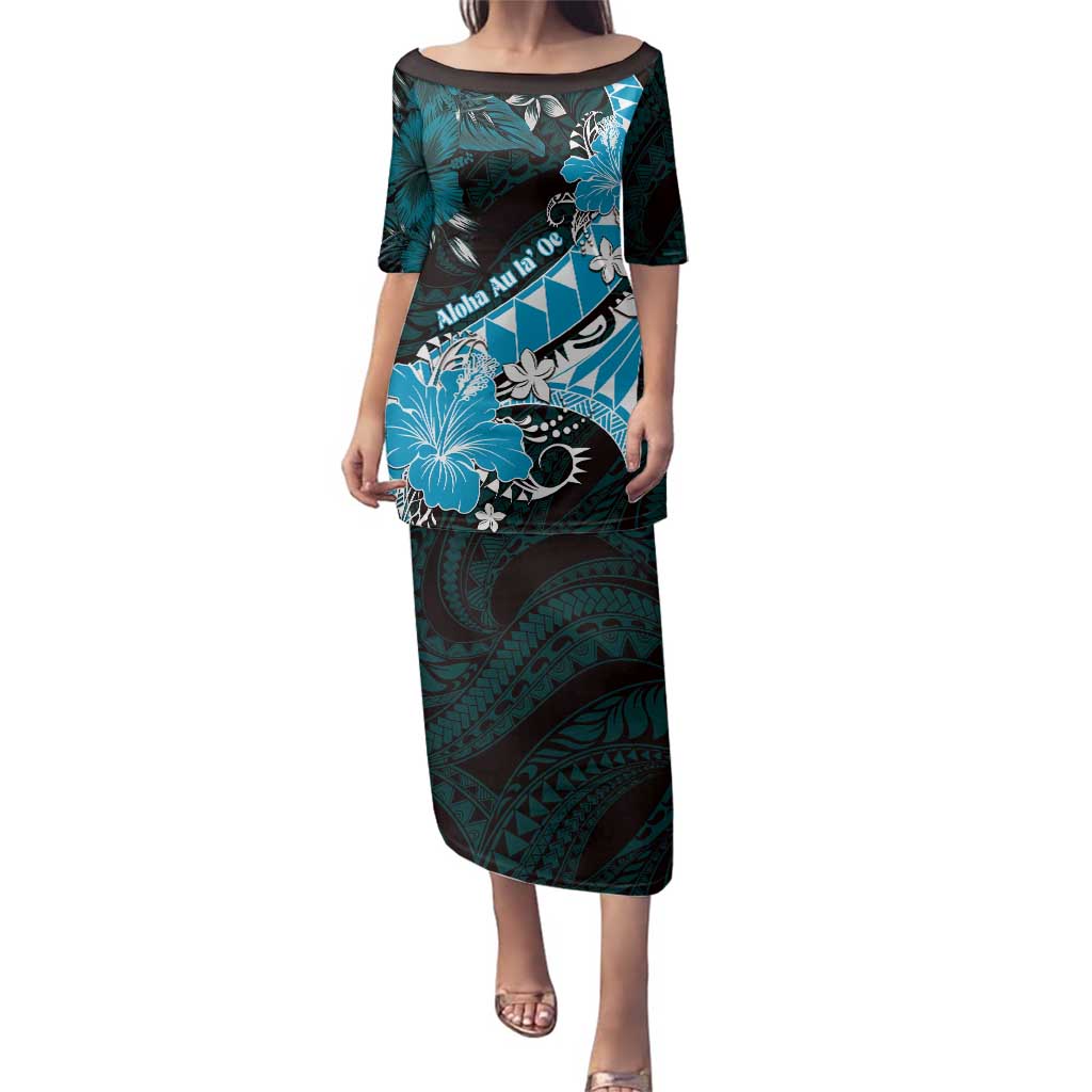 Personalised Hawaii Valentine Day Family Matching Puletasi and Hawaiian Shirt Polynesian Hibiscus Art Style Turquoise