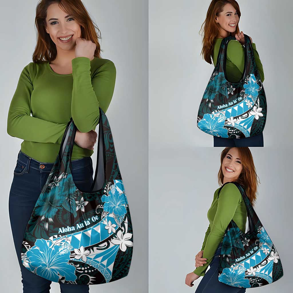 Hawaii Valentine Day Grocery Bag Polynesian Hibiscus Art Style Turquoise
