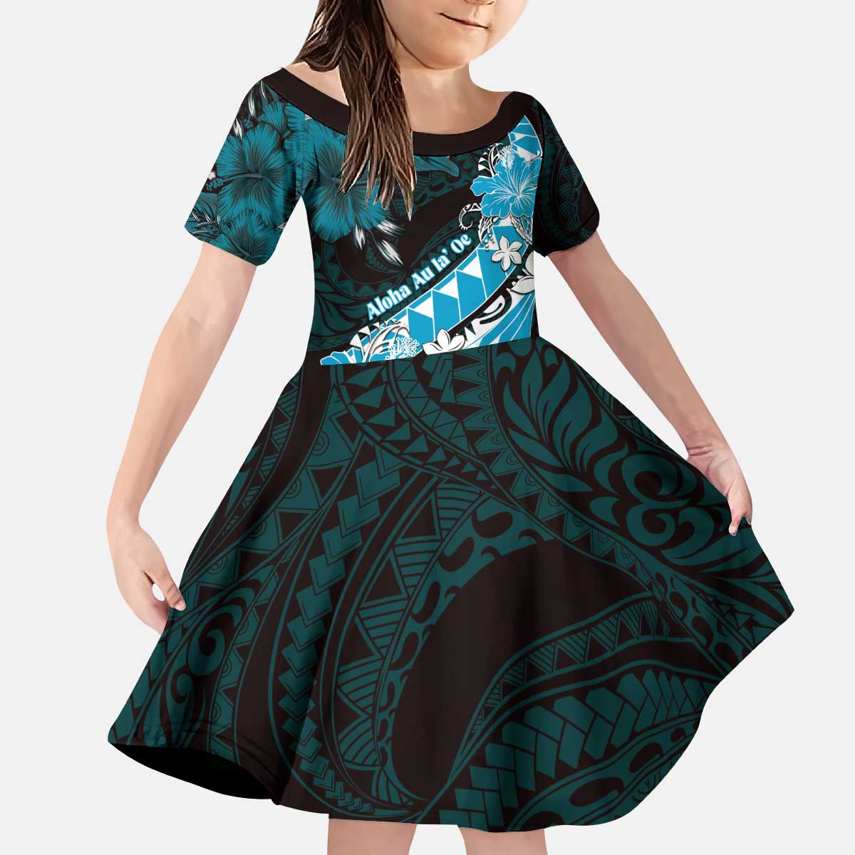 Personalised Hawaii Valentine Day Kid Short Sleeve Dress Polynesian Hibiscus Art Style Turquoise LT05 KID Turquoise - Polynesian Pride