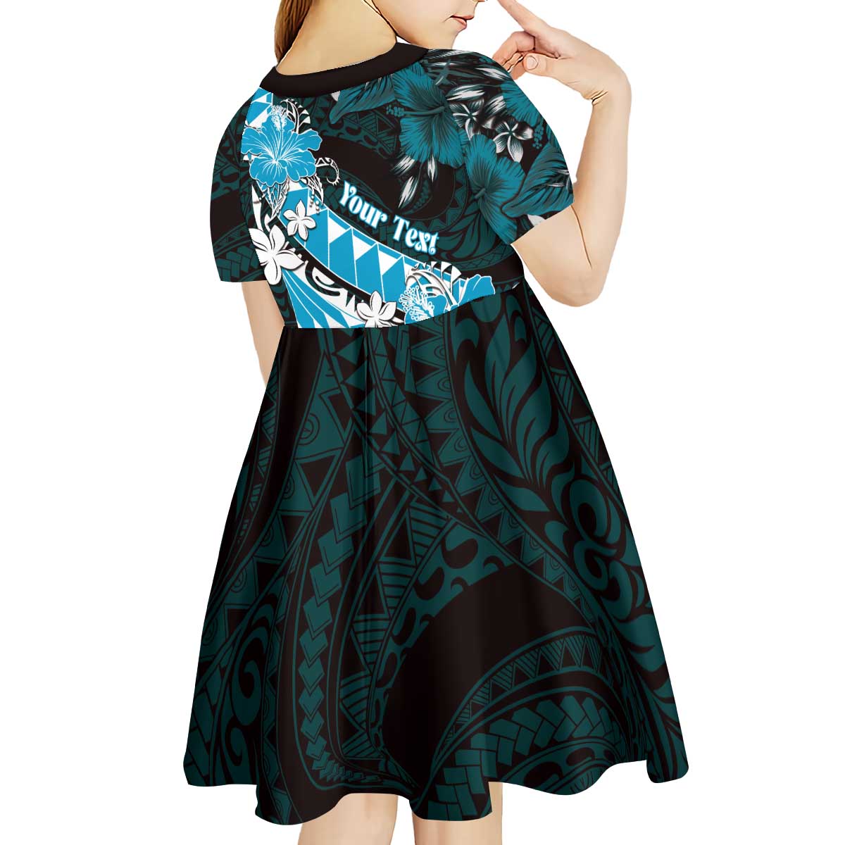 Personalised Hawaii Valentine Day Kid Short Sleeve Dress Polynesian Hibiscus Art Style Turquoise LT05 - Polynesian Pride