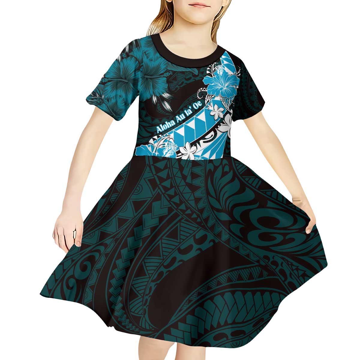Personalised Hawaii Valentine Day Kid Short Sleeve Dress Polynesian Hibiscus Art Style Turquoise LT05 - Polynesian Pride