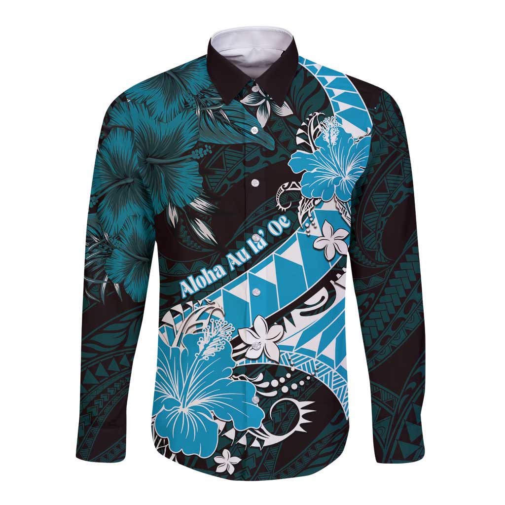 Personalised Hawaii Valentine Day Long Sleeve Button Shirt Polynesian Hibiscus Art Style Turquoise LT05 Unisex Turquoise - Polynesian Pride