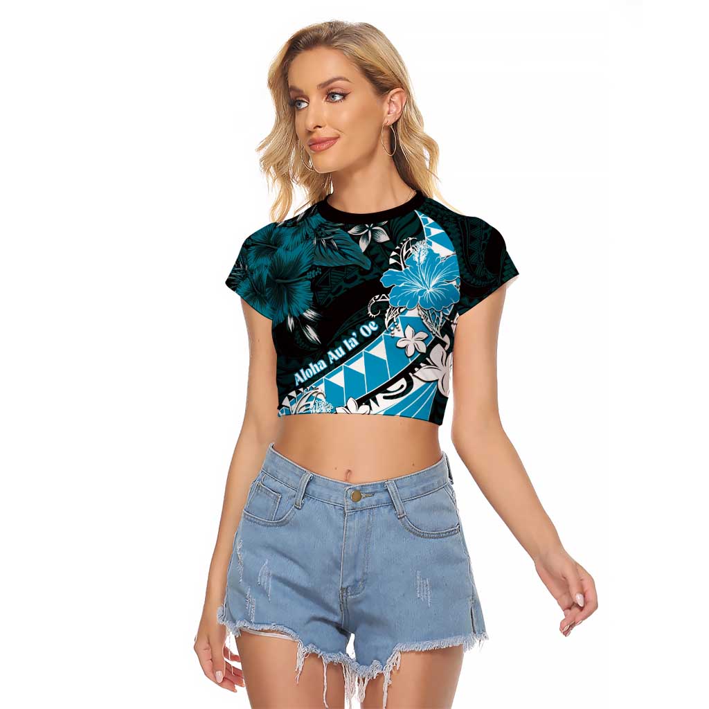 Personalised Hawaii Valentine Day Raglan Cropped T Shirt Polynesian Hibiscus Art Style Turquoise LT05 Female Turquoise - Polynesian Pride