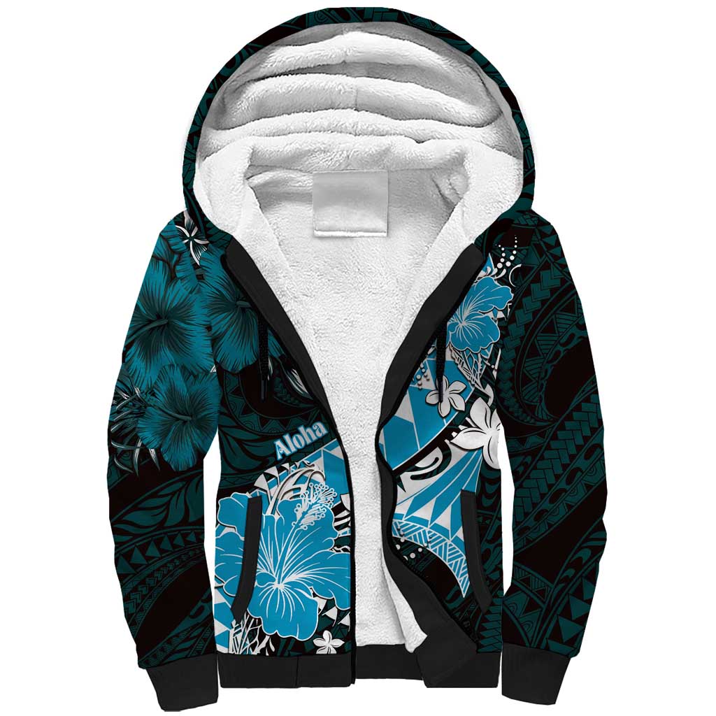 Personalised Hawaii Valentine Day Sherpa Hoodie Polynesian Hibiscus Art Style Turquoise LT05 Unisex Turquoise - Polynesian Pride