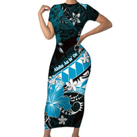 Personalised Hawaii Valentine Day Short Sleeve Bodycon Dress Polynesian Hibiscus Art Style Turquoise LT05 Long Dress Turquoise - Polynesian Pride