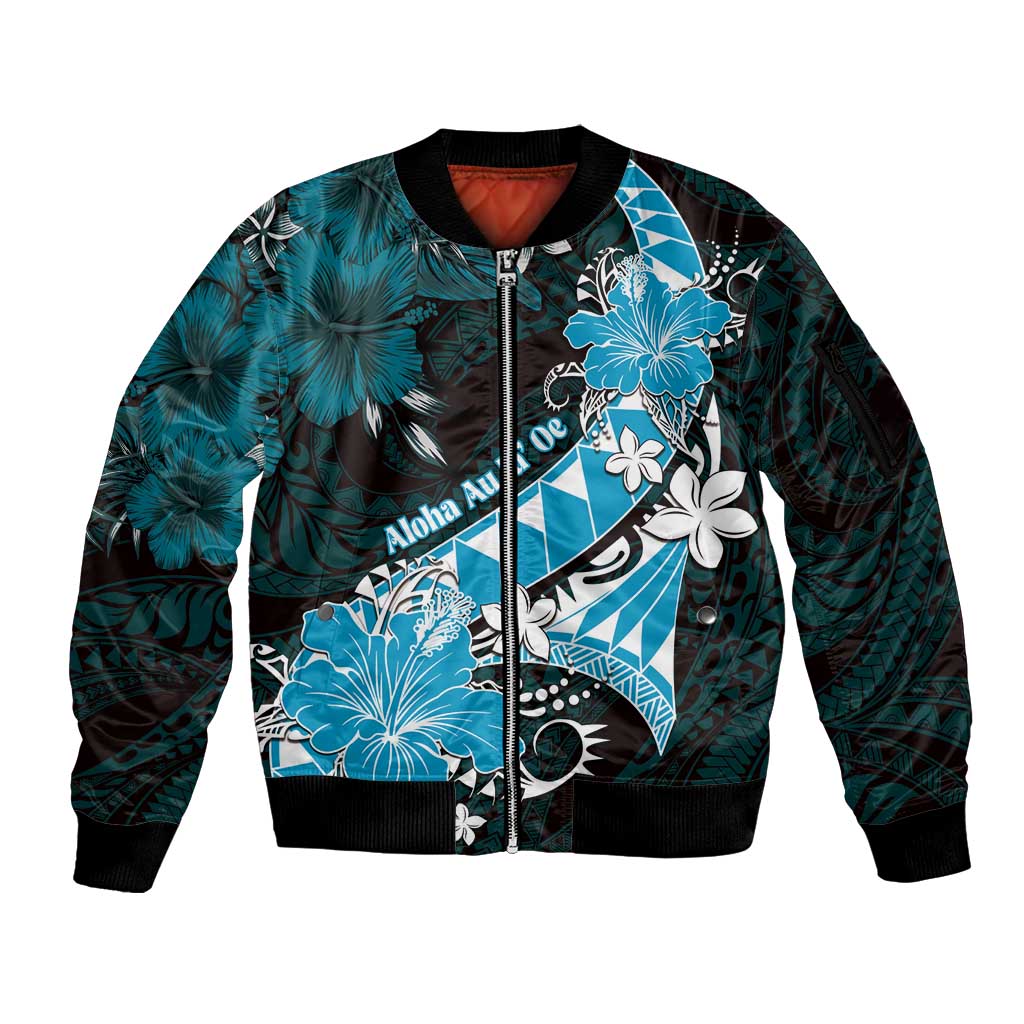 Personalised Hawaii Valentine Day Sleeve Zip Bomber Jacket Polynesian Hibiscus Art Style Turquoise LT05 Unisex Turquoise - Polynesian Pride