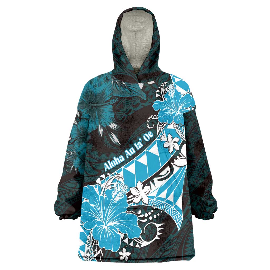 Personalised Hawaii Valentine Day Wearable Blanket Hoodie Polynesian Hibiscus Art Style Turquoise LT05 One Size Turquoise - Polynesian Pride