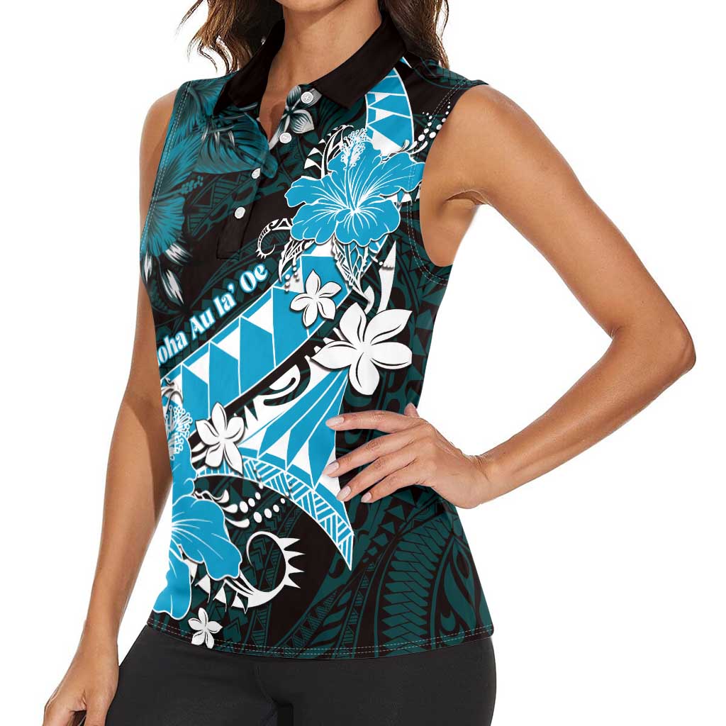 Personalised Hawaii Valentine Day Women Sleeveless Polo Shirt Polynesian Hibiscus Art Style Turquoise