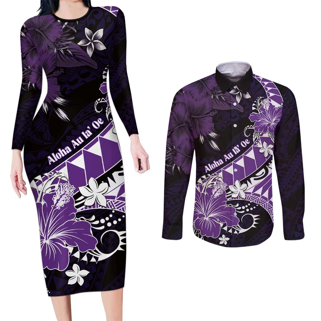 Personalised Hawaii Valentine Day Couples Matching Long Sleeve Bodycon Dress and Long Sleeve Button Shirt Polynesian Hibiscus Art Style Purple LT05 Purple - Polynesian Pride
