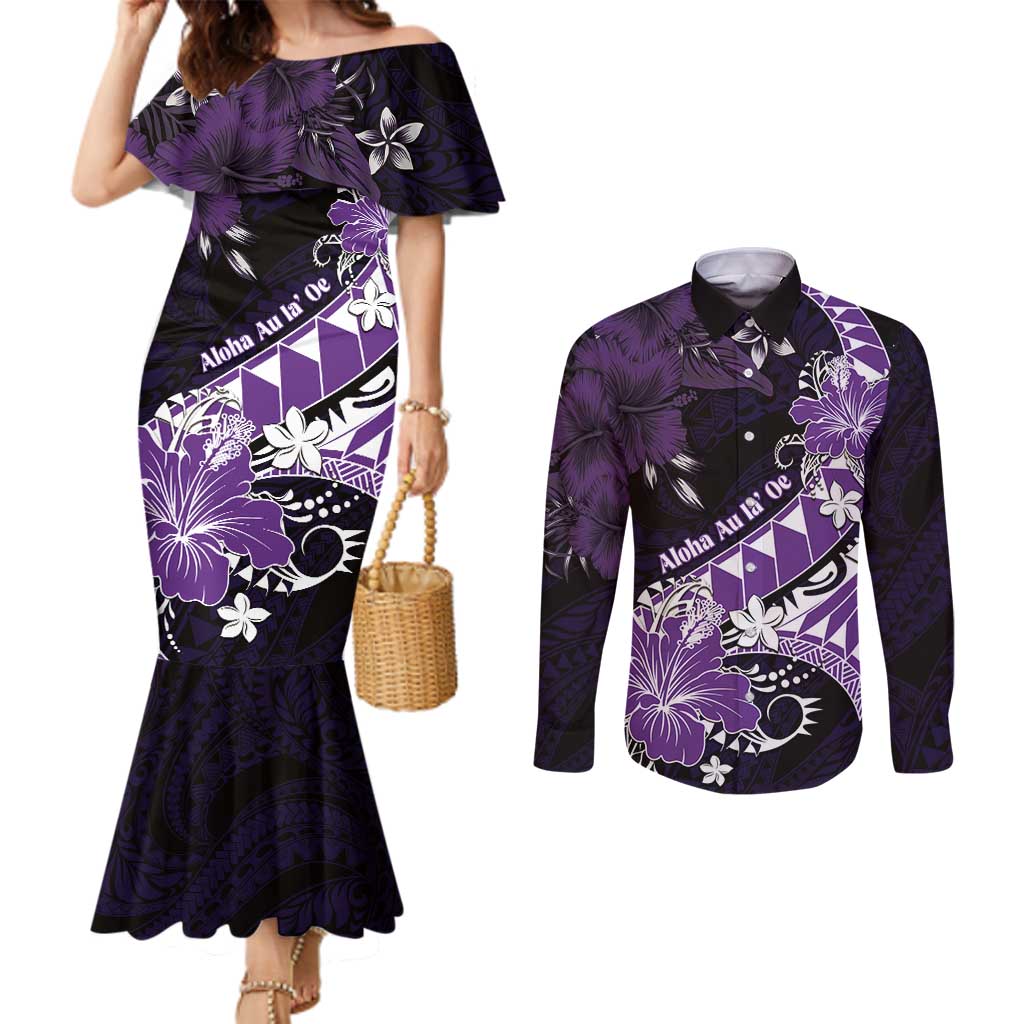 Personalised Hawaii Valentine Day Couples Matching Mermaid Dress and Long Sleeve Button Shirt Polynesian Hibiscus Art Style Purple LT05 Purple - Polynesian Pride