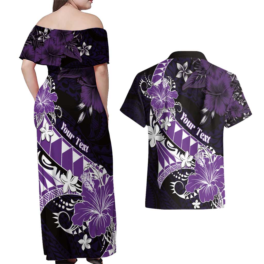 Personalised Hawaii Valentine Day Couples Matching Off Shoulder Maxi Dress and Hawaiian Shirt Polynesian Hibiscus Art Style Purple