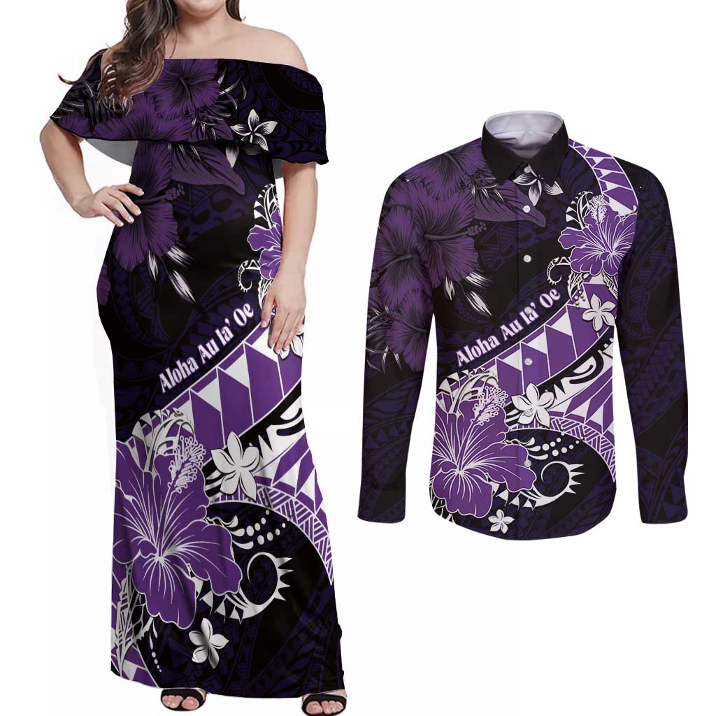 Personalised Hawaii Valentine Day Couples Matching Off Shoulder Maxi Dress and Long Sleeve Button Shirt Polynesian Hibiscus Art Style Purple LT05 Purple - Polynesian Pride
