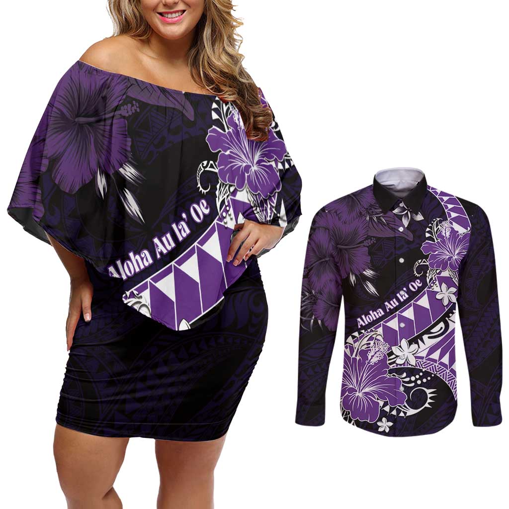 Personalised Hawaii Valentine Day Couples Matching Off Shoulder Short Dress and Long Sleeve Button Shirt Polynesian Hibiscus Art Style Purple LT05 Purple - Polynesian Pride