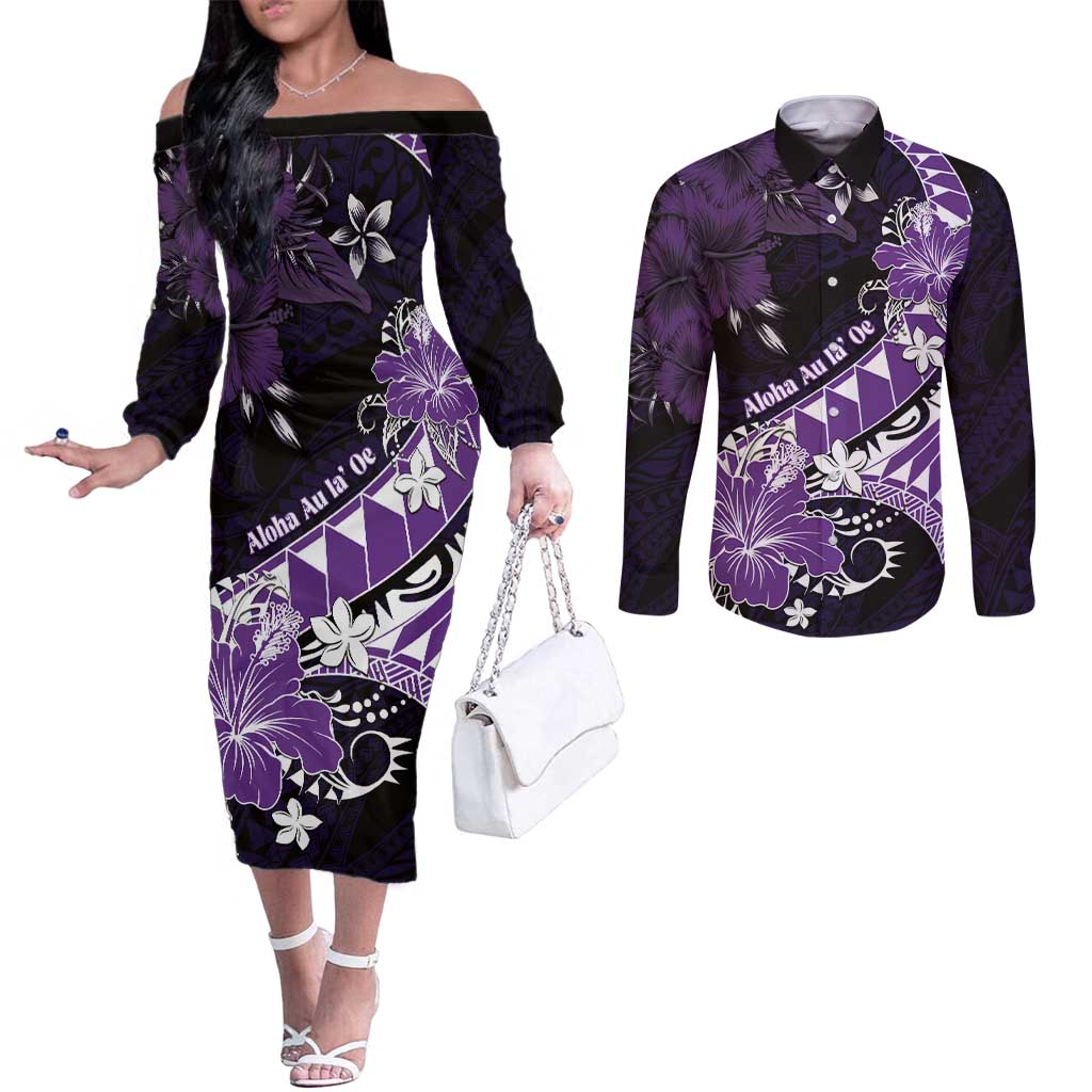 Personalised Hawaii Valentine Day Couples Matching Off The Shoulder Long Sleeve Dress and Long Sleeve Button Shirt Polynesian Hibiscus Art Style Purple LT05 Purple - Polynesian Pride