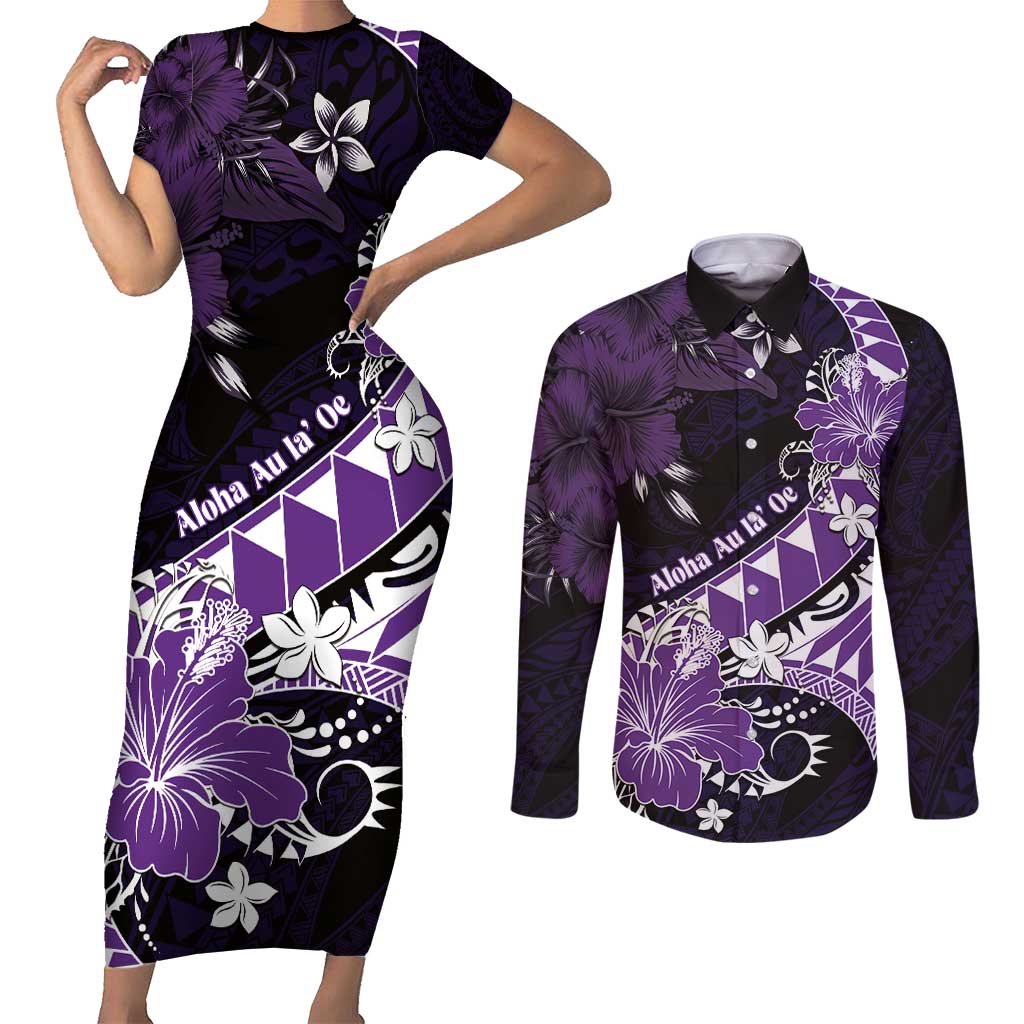 Personalised Hawaii Valentine Day Couples Matching Short Sleeve Bodycon Dress and Long Sleeve Button Shirt Polynesian Hibiscus Art Style Purple LT05 Purple - Polynesian Pride