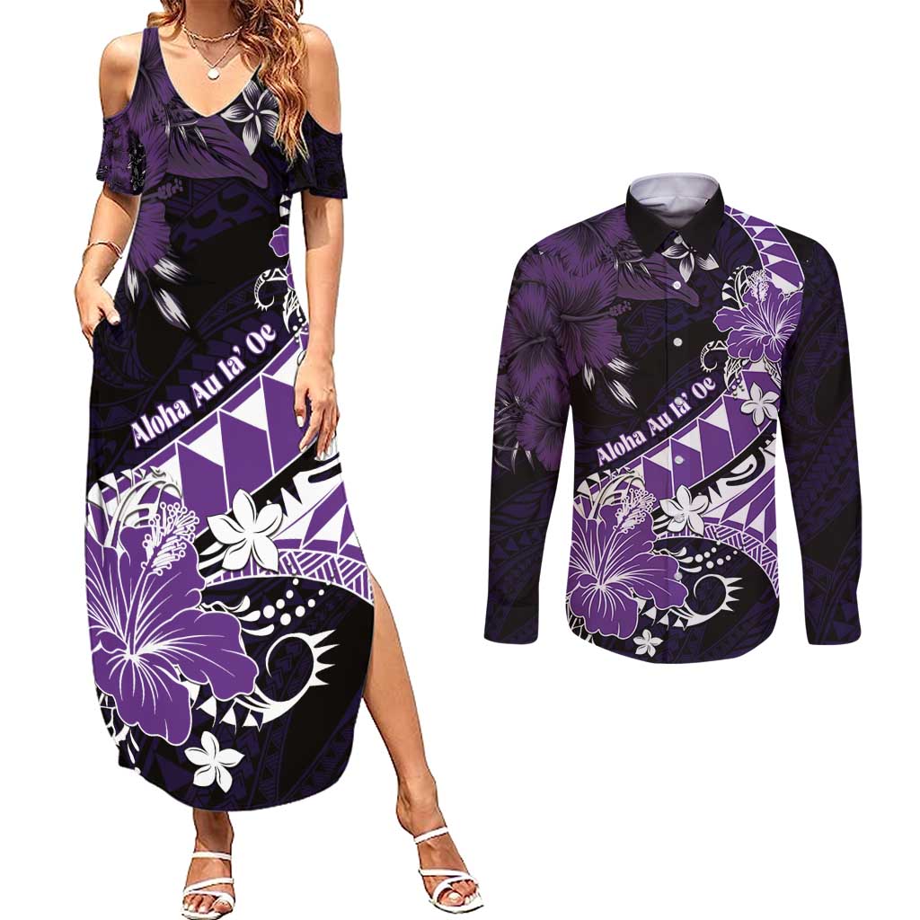 Personalised Hawaii Valentine Day Couples Matching Summer Maxi Dress and Long Sleeve Button Shirt Polynesian Hibiscus Art Style Purple LT05 Purple - Polynesian Pride