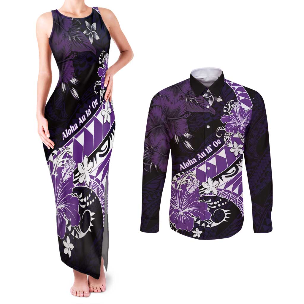 Personalised Hawaii Valentine Day Couples Matching Tank Maxi Dress and Long Sleeve Button Shirt Polynesian Hibiscus Art Style Purple LT05 Purple - Polynesian Pride