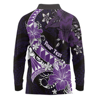 Personalised Hawaii Valentine Day Long Sleeve Polo Shirt Polynesian Hibiscus Art Style Purple