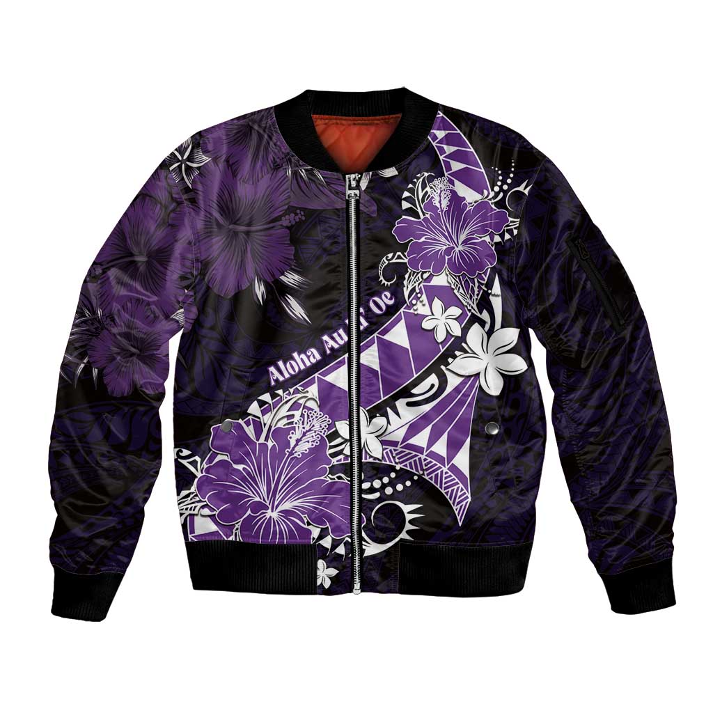 Personalised Hawaii Valentine Day Sleeve Zip Bomber Jacket Polynesian Hibiscus Art Style Purple LT05 Unisex Purple - Polynesian Pride
