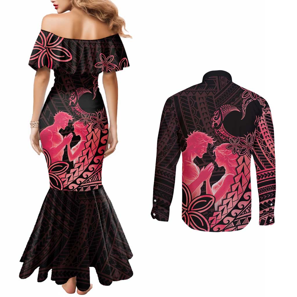 Alofa Samoa Valentine Red Couples Matching Mermaid Dress and Long Sleeve Button Shirt Love Is The Greatest Thing LT05 - Polynesian Pride