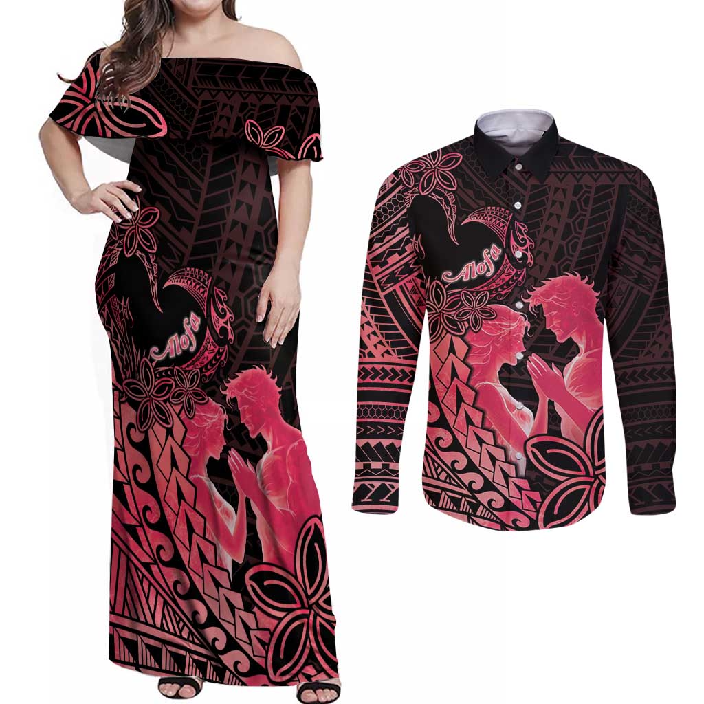 Alofa Samoa Valentine Red Couples Matching Off Shoulder Maxi Dress and Long Sleeve Button Shirt Love Is The Greatest Thing LT05 Red - Polynesian Pride