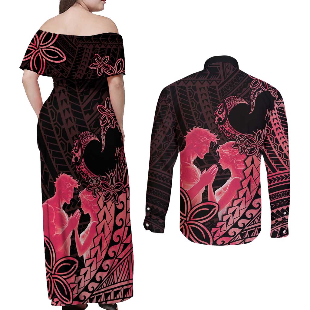 Alofa Samoa Valentine Red Couples Matching Off Shoulder Maxi Dress and Long Sleeve Button Shirt Love Is The Greatest Thing LT05 - Polynesian Pride