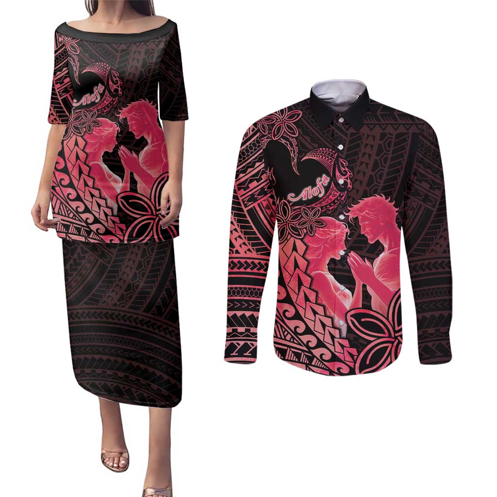 Alofa Samoa Valentine Red Couples Matching Puletasi and Long Sleeve Button Shirt Love Is The Greatest Thing LT05 Red - Polynesian Pride