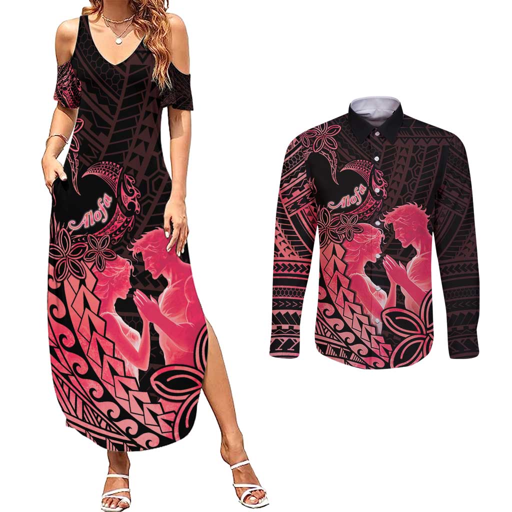 Alofa Samoa Valentine Red Couples Matching Summer Maxi Dress and Long Sleeve Button Shirt Love Is The Greatest Thing LT05 Red - Polynesian Pride