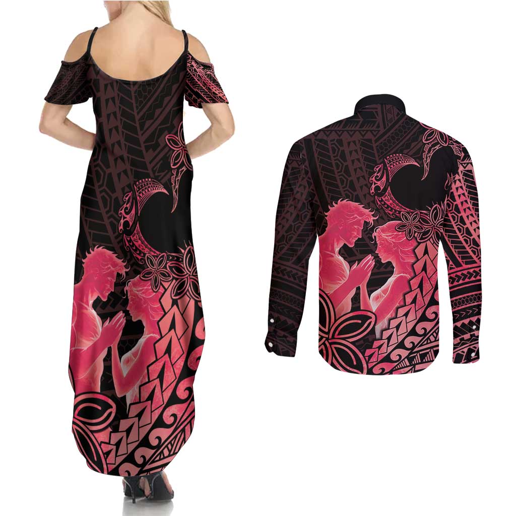 Alofa Samoa Valentine Red Couples Matching Summer Maxi Dress and Long Sleeve Button Shirt Love Is The Greatest Thing LT05 - Polynesian Pride