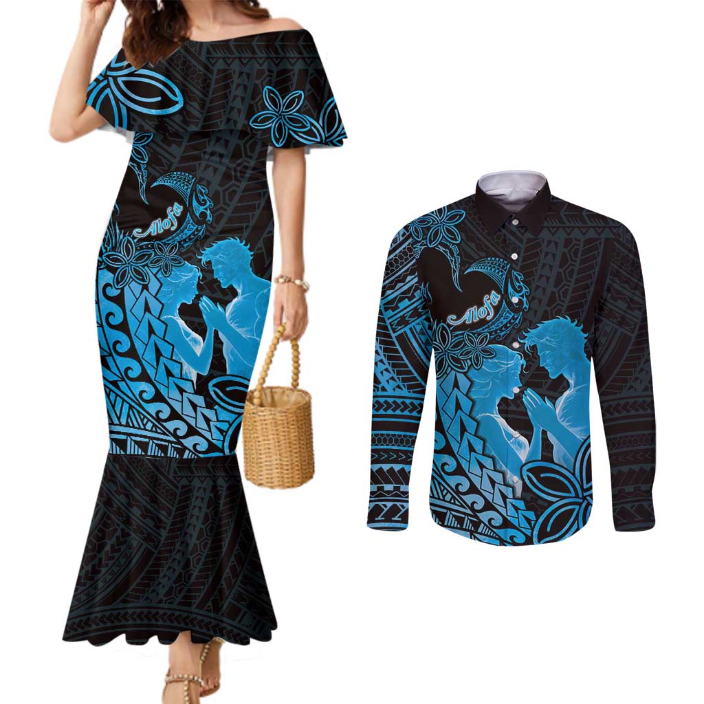 Alofa Samoa Valentine Blue Couples Matching Mermaid Dress and Long Sleeve Button Shirt Love Is The Greatest Thing LT05 Blue - Polynesian Pride