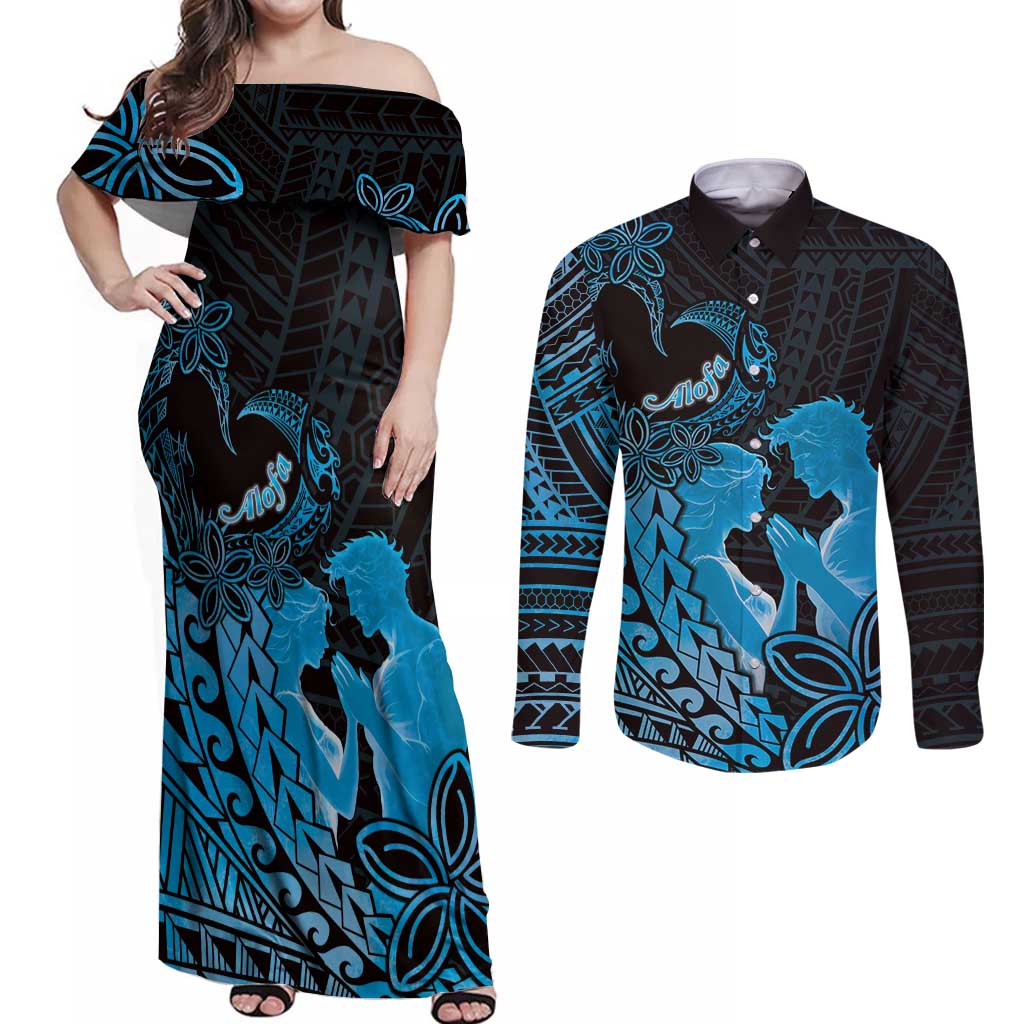 Alofa Samoa Valentine Blue Couples Matching Off Shoulder Maxi Dress and Long Sleeve Button Shirt Love Is The Greatest Thing LT05 Blue - Polynesian Pride