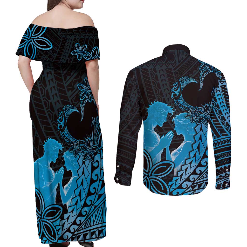 Alofa Samoa Valentine Blue Couples Matching Off Shoulder Maxi Dress and Long Sleeve Button Shirt Love Is The Greatest Thing LT05 - Polynesian Pride