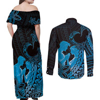 Alofa Samoa Valentine Blue Couples Matching Off Shoulder Maxi Dress and Long Sleeve Button Shirt Love Is The Greatest Thing LT05 - Polynesian Pride
