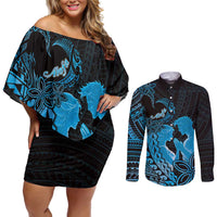 Alofa Samoa Valentine Blue Couples Matching Off Shoulder Short Dress and Long Sleeve Button Shirt Love Is The Greatest Thing LT05 Blue - Polynesian Pride