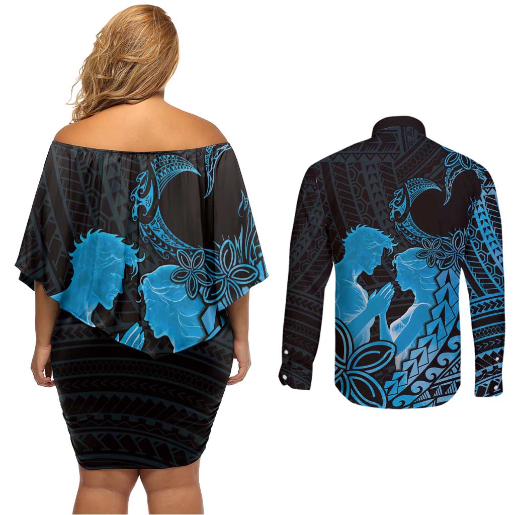 Alofa Samoa Valentine Blue Couples Matching Off Shoulder Short Dress and Long Sleeve Button Shirt Love Is The Greatest Thing LT05 - Polynesian Pride
