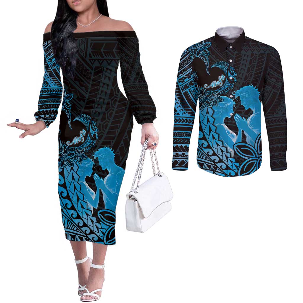 Alofa Samoa Valentine Blue Couples Matching Off The Shoulder Long Sleeve Dress and Long Sleeve Button Shirt Love Is The Greatest Thing LT05 Blue - Polynesian Pride