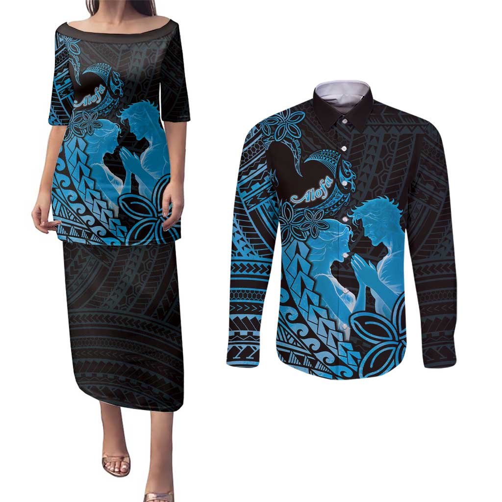 Alofa Samoa Valentine Blue Couples Matching Puletasi and Long Sleeve Button Shirt Love Is The Greatest Thing LT05 Blue - Polynesian Pride