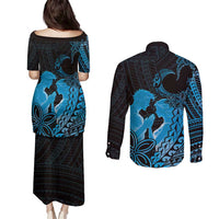 Alofa Samoa Valentine Blue Couples Matching Puletasi and Long Sleeve Button Shirt Love Is The Greatest Thing LT05 - Polynesian Pride