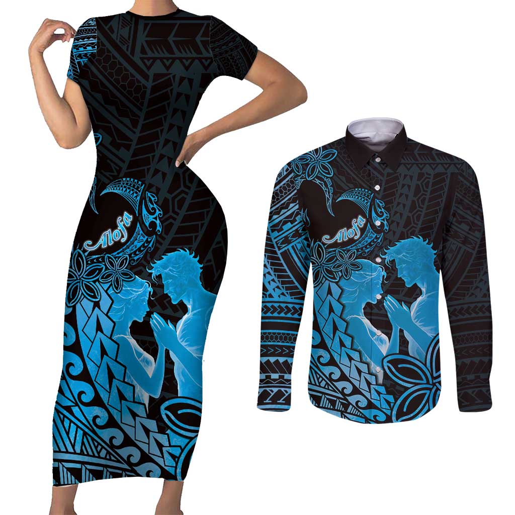 Alofa Samoa Valentine Blue Couples Matching Short Sleeve Bodycon Dress and Long Sleeve Button Shirt Love Is The Greatest Thing LT05 Blue - Polynesian Pride